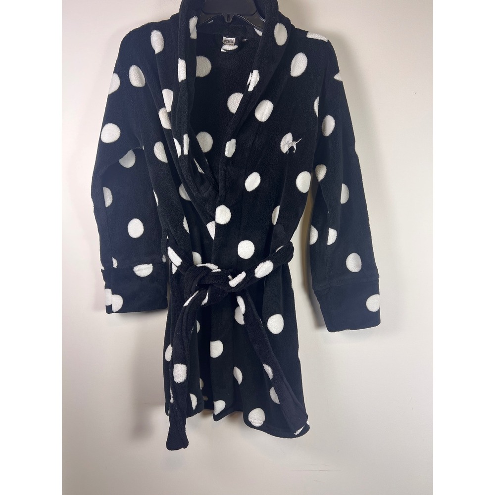 PINK Victoria's Secret Polka Dot Fleece Robe Wrap Tie Black White Soft XS/S